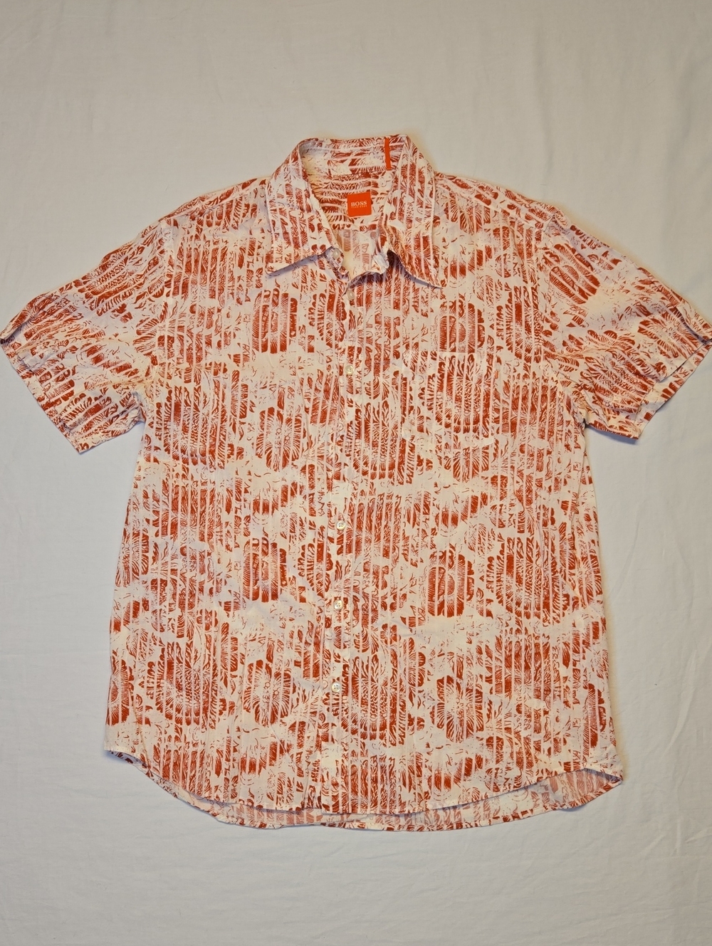 Hugo Boss Red & White Stripe Floral Short Sleeve Button Down Shirt